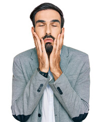 Wall Mural - Young hispanic man wearing business clothes tired hands covering face, depression and sadness, upset and irritated for problem