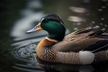 The Mallard Duck Is In Sharp Focus As It Waddles Along The Edge Of The Pond. Generative AI
