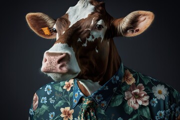 Portrait of cow wearing floral shirt, spring, flowers, generative AI