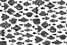 Fish Abstract Tropical Ornamental Stamp Seamless Pattern. Linear Doodle Trendy Exotic Aquarium Animal Boundless Ornament, Cartoon Nautical Repeat Wallpaper. Ornament Freshwater, Sea Fishes Background