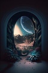 Wall Mural - portal to galaxy, view many plants, beautiful milkyway shot. generative ai