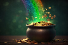 Rainbow Falling Into A Pot Of Gold Coins. St. Patrick's Day Festive Concept. Holiday Background.