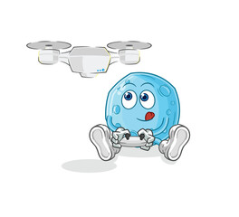 Sticker - blue moon with drone character. cartoon mascot vector