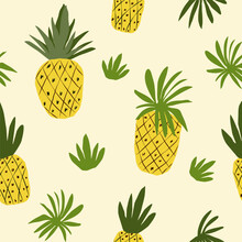Bright Tropical Print, Fruit, Pineapple, Ananas. Abstract Trendy Background. Seamless  Pattern Hand Drawn, Vector