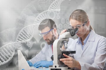 Poster - Research concept, scientist using microscope with DNA molecules symbol