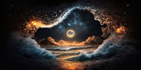 Wall Mural - 4K resolution or higher, View from sky, Night landscape with universe made from molten exploding filigree quantum particles. Generative AI Technology