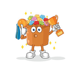 Sticker - flowers in pot winner with trophie. cartoon character