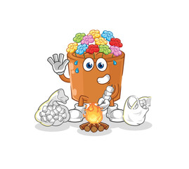 Sticker - flowers in pot roasting marshmallows. cartoon mascot vector