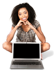 Poster - Smiling Woman Sitting with Crossed Legs with Laptop - Isolated