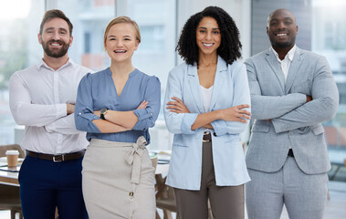 Poster - Diversity, management team and corporate portrait of business people in office for happy teamwork. Men and women in leadership together for company growth, development and mission with solidarity