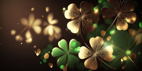 Wall Mural - Lucky shamrocks with golden bokeh glitter. St. Patrick's Day background. Luck of the Irish. Four Leaf clover.