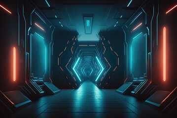 Wall Mural - View from the entrance of a futuristic spaceship's hallway illustrations of neon laser pointing arrows Generative AI
