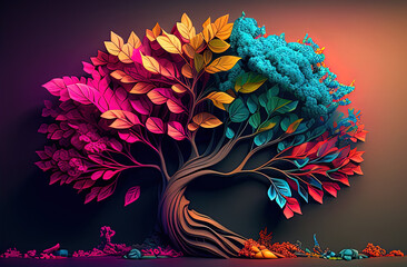 colorful tree with leaves on hanging branches illustration background. 3d abstraction wallpaper for 