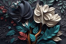 Elegant Colorful 3d Flowers With Leaves On A Tree Illustration Background. 3d Abstraction Wallpaper For Interior Mural Painting Wall Art Decor. Tree Branches Leaves With Flowers Hanging On Wall.