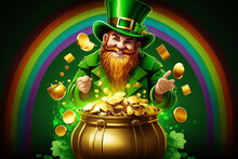 St Patricks Day. Leprechaun In Green Hat Next To Cauldron With Golden Coins On The Rainbow Background Created With Generative AI Technology