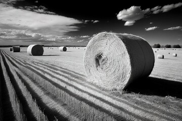 Black-and-white shot of straw bales stacked in a wheat field. Generative AI