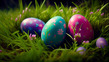 Decorated Colourful Easter Eggs In Grass