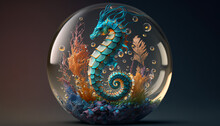 A Wildlife Beautiful Seahorse Is In A Glass Ball. Generative AI.