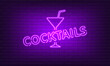 Neon sign Cocktails with glass on brick wall background. Vintage purple electric signboard with bright neon lights. Drink Night Club. Bar neon sign light falls. Vector illustration