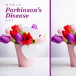 Image of world parkinson's day text over colourful flowers in pot with copy space