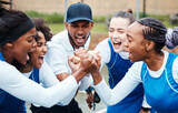 Fist, motivation or team support in netball training game screaming with hope or faith on sports court. Teamwork, fitness coach or group of excited athlete girls with pride or solidarity together