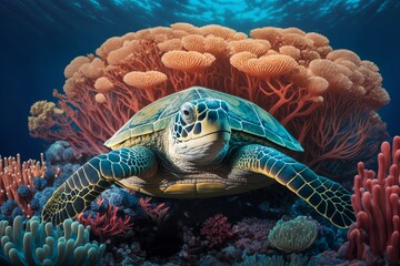 sea turtle swimming amongst the tropical coral, generative ai