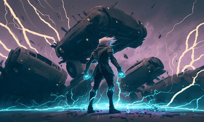 Wall Mural - electric man use evil powers to destroy cars, digital art style, illustration painting, Generative AI