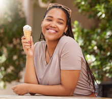 Black Woman With Ice Cream, Happy With Dessert Outdoor And Travel With Freedom, Snack And Smile While On Holiday. African Female, Happiness And Eating Gelato, Summer And Care Free Outside In Italy