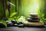 Fototapeta Sypialnia - Bamboo and stones in a wellness spa. Generative AI. Zen Stones and Bamboo on the water. relax, enjoy at spa concept, GENERATIVE AI