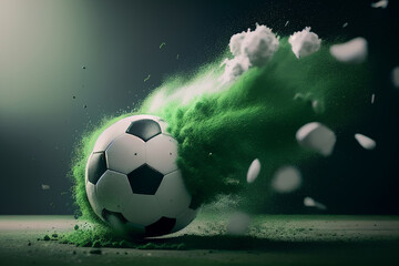 Wall Mural - soccer ball with dust and smoke on green grass background , Generative AI