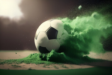 Wall Mural - soccer ball with dust and smoke on green grass background , Generative AI