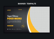 Restaurant Food Menu Social Media Marketing Web Banner. Pizza, Burger Or Hamburger Online Sale Promotion Video Thumbnail. Fast Food Website Background. Food Flyer With Logo And Business Icon.
