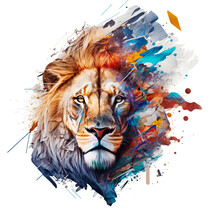 Portrait Of Lion Head With Color Splash Vibrant Effect 