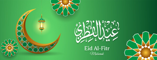 Wall Mural - green realistic islamic banner background with crescent, mandala, lantern and arabic calligraphy for eid Al-fitr, ramadan kareem, eid al-adha, muharam, etc . religion vector design