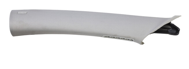 Gray front pillar trim - car interior part and element on white isolated background. Auto service industry. Spare parts catalog.