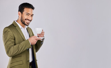 Poster - Coffee, smile and portrait of man with mockup space for product placement, advertising and marketing. Happiness, studio and happy male with latte, cappuccino and beverage in cup on white background