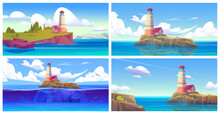 Cartoon Set Of Seascape Scenes With Lighthouse On Island. Vector Illustration Of Nautical Tower Building On Piece Of Rocky Land With Green Trees And Lawn Under Blue Sky, White Clouds, Birds Flying
