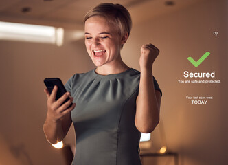Leinwandbilder - Phone, cybersecurity or success business woman in night office with data protection plan, virus free or safety software app. Smile, happy or cheering fist for programmer on future technology abstract