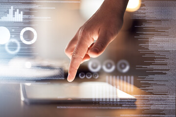 Leinwandbilder - Tablet screen, hand or coding abstract in night office for data analytics, chart analysis or progress algorithm. Zoom, business or corporate woman on technology information, 3d infographic or growth