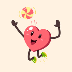 Cartoon heart character playing with ball for design.