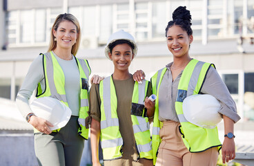 architecture, women construction team and diversity in portrait, contractor group with smile at buil