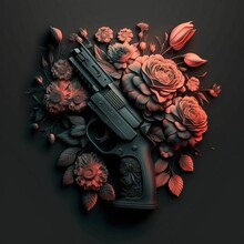Gun And Flowers. Gun And Rose. Gun With Rose. Illustration. AI-Generated.
