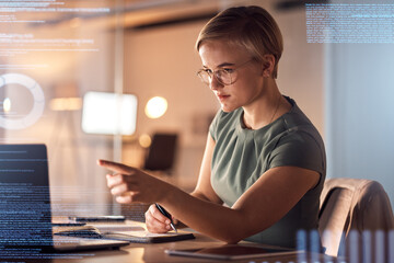 Leinwandbilder - Notebook writing, coding or interactive abstract for business woman in night office check for data analytics or progress chart. Hands, employee or technology hologram of infographic growth planning