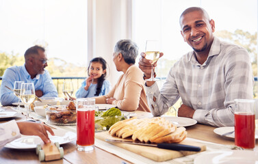 Poster - Wine, portrait and man at happy family brunch, lunch or celebration event for reunion, bond and enjoy quality time together. Love smile, happiness and group of people eating food meal at Mexico home