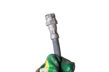 Poster - Used brake hose close-up on a white isolated background in a photo studio - high-pressure sleeve and two metal tips for connecting to the cylinders. Replacement parts in a car service.