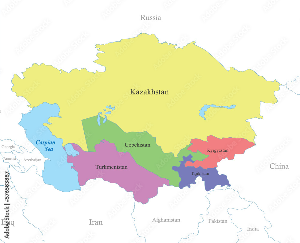 map of Central Asia with borders of the states. Stock Vector | Adobe Stock