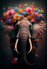 Elephant portrait with flowers and leaves. Creative animal portrait. Generative Ai