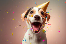 Funny Dog Wearing Pary Hat, Birthday Celebration Card. Happy Pets. Generative AI