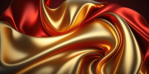 Wall Mural - Satin texture red and gold fabric background illustration, silk backdrop generative ai