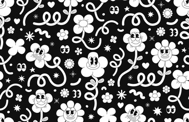 Wall Mural - Retro cartoon flower character seamless pattern. Groovy funky comic daisy flower with eyes and abstract cloud shapes in trendy retro cartoon style. Vector background with wavy spiral and loop element.